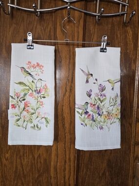 Hummingbird Floral Kitchen Tea Towels - White Set Of Two
